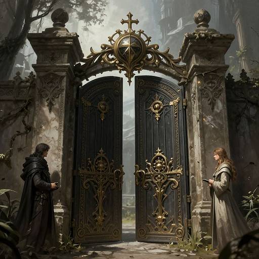 Digital painting of a grand, ornate black gate with gold details, flanked by stone pillars, guarded by a robed monk on the left and