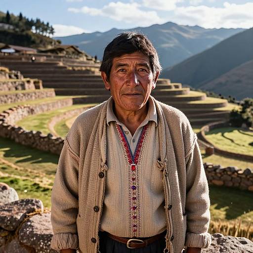 Photograph of an elderly Andean man with dark hair, wearing a beige cardigan and embroidered shirt, standing in front of Inca terraces with