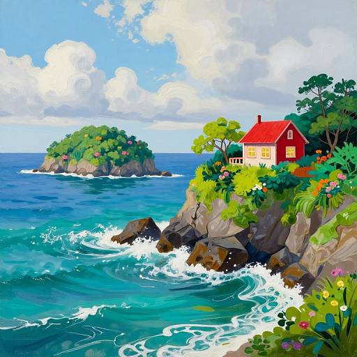 Colorful digital illustration of a red cottage with yellow windows on a rocky cliffside, surrounded by vibrant flowers and ocean waves, with a distant island under