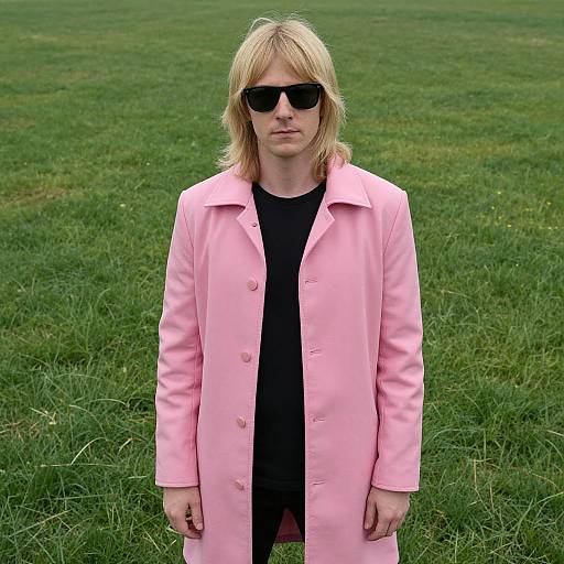 Photograph of a blonde man with straight hair, wearing black sunglasses, a black shirt, and a long pink coat, standing in a grassy field