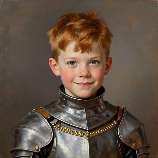 Photorealistic painting of a young boy with red hair, blue eyes, and fair skin, wearing shiny medieval-style silver armor, smiling slightly against a