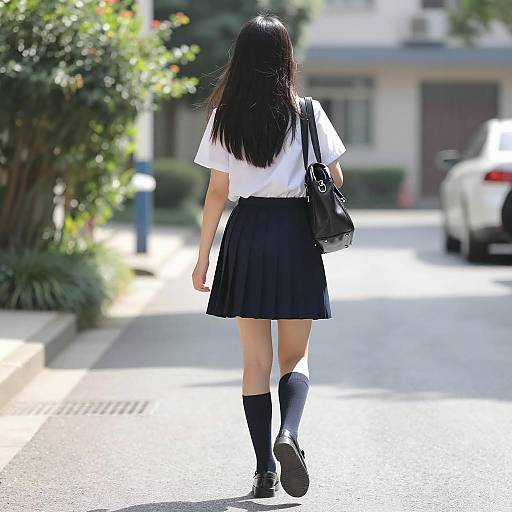 Schoolgirl Walking Away on Sunlit Street