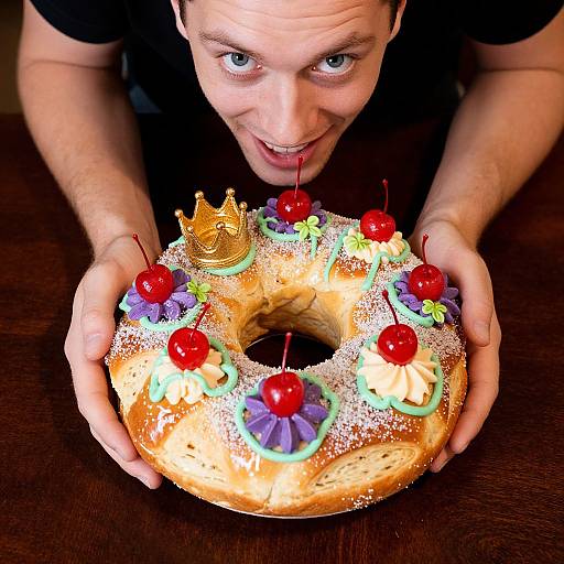 Photograph of a smiling man with short brown hair, wearing a black shirt, holding a decorated donut with a gold crown, cherries, and