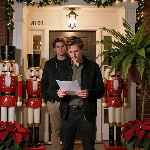 Holiday Scene with Two Men at Doorway