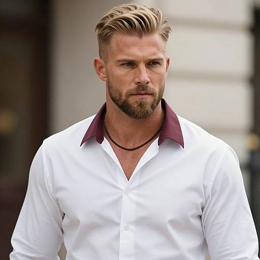 Photograph of a handsome, bearded man with blond hair, wearing a white dress shirt with maroon collar, standing outdoors against a blurred white building