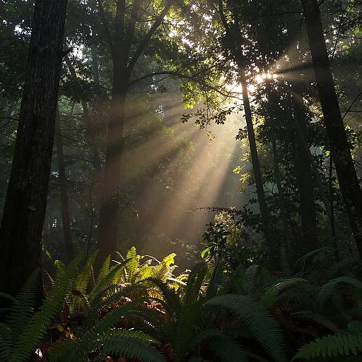 Photograph of a sunlit forest with rays of sunlight piercing through dense trees, illuminating green ferns in the foreground.