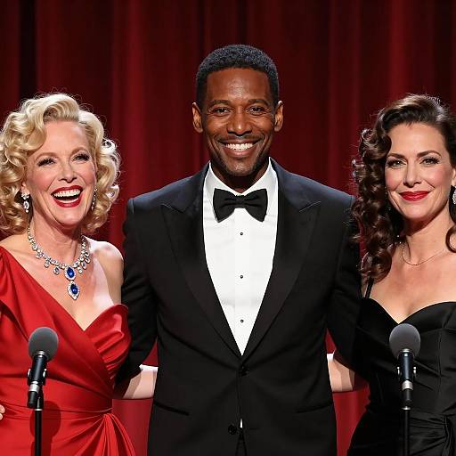 Three People on Stage in Tuxedo and Dresses