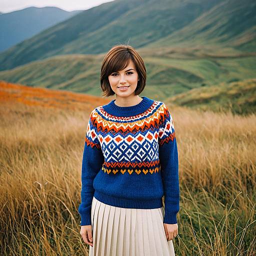 Woman in Colorful Fair Isle Sweater in Grassy Field