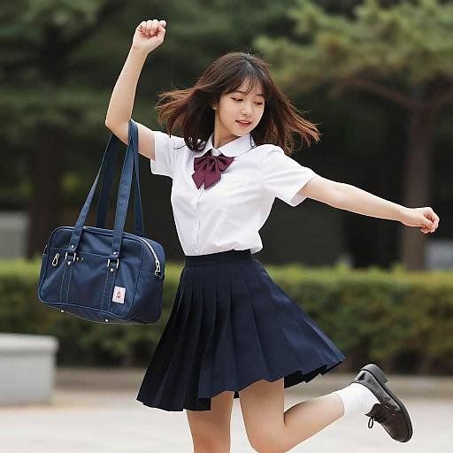 Photograph of a cheerful Asian schoolgirl in a white blouse, black skirt, and maroon bow, jumping with a black handbag, set against