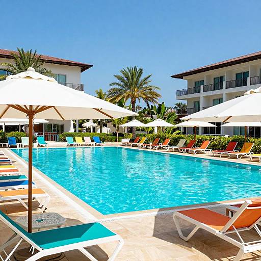Photograph of a sunny resort pool with clear blue water, white umbrellas, colorful lounge chairs, and two-story white buildings with balconies. Palm