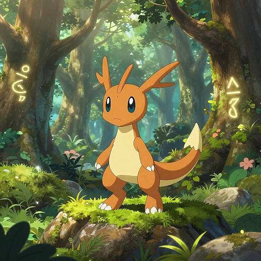 Digital illustration of an orange, dragon-like Pokémon with yellow belly and tail tip, standing in a sunlit, lush forest. Japanese text on either side