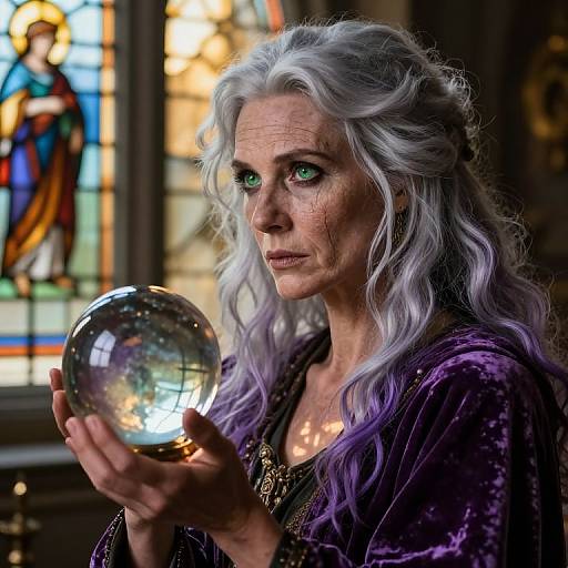 Photorealistic digital art of an older woman with white, wavy hair, wearing a purple velvet robe, holding a glowing crystal ball, in a