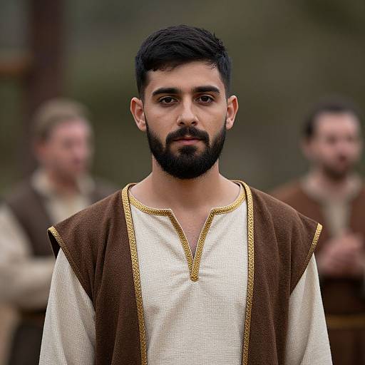 Photograph of a bearded Middle Eastern man with dark hair, wearing a white tunic with gold trim and brown sleeveless vest, standing in a