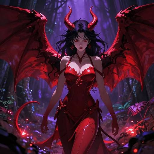 Digital art: Seductive demon woman with black hair, red horns, and wings, wearing a red, strapless dress, standing in a mystical forest