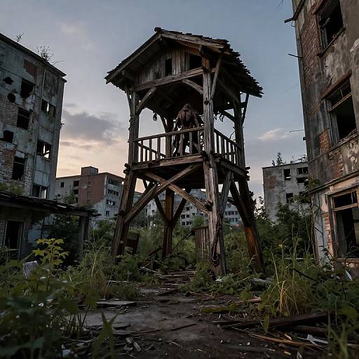 Photograph of a dilapidated wooden observation tower amidst abandoned, overgrown buildings at sunset, with a blue sky and scattered clouds.
