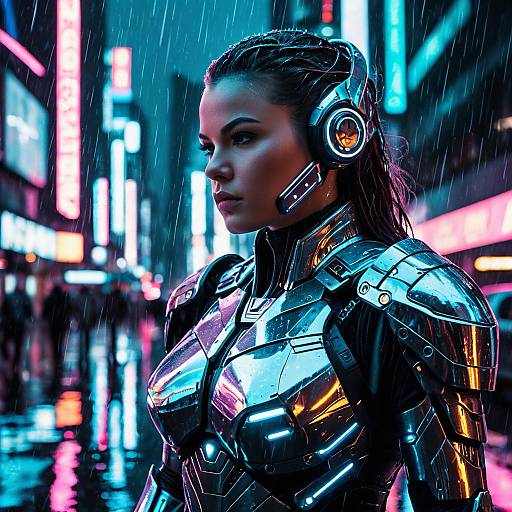 Female Cyborg in Futuristic Armor in Neon City