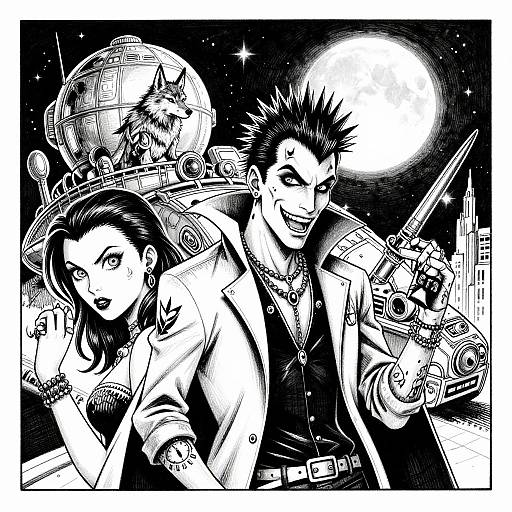 Black-and-white manga-style illustration of spiky-haired man with grin, holding gun, beside woman in jacket, with robot, space helmet, and full