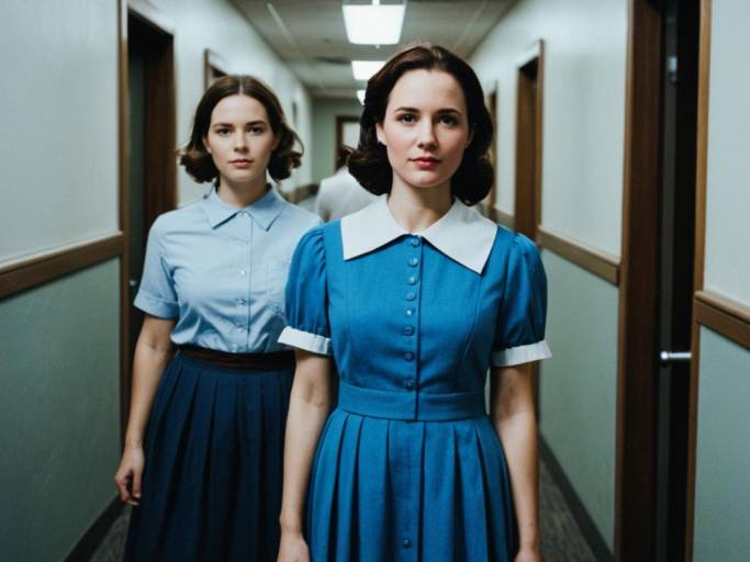 Two Women in Vintage Blue Dresses in Hallway