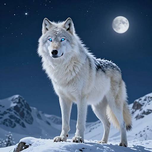 Photorealistic CGI of a glowing blue-eyed, white and grey wolf standing in a snowy mountain landscape under a full moon.