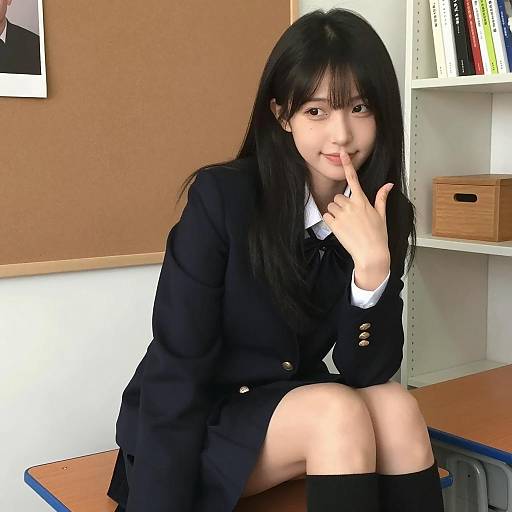 Asian Schoolgirl Sitting on Desk