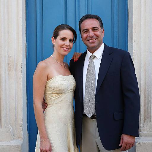 Photograph of a smiling couple standing in front of a blue door; woman in strapless, white gown, man in black suit, white shirt,