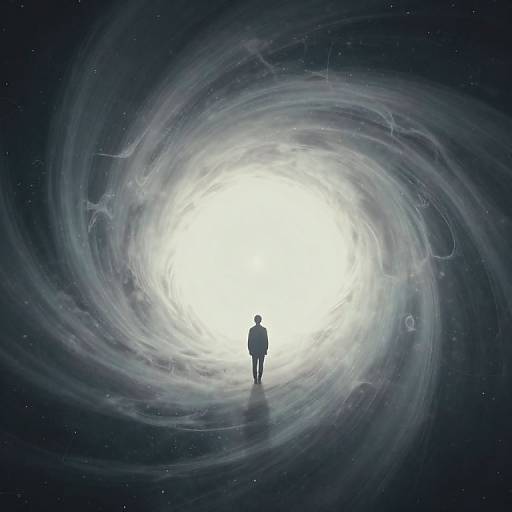 Digital art: Silhouetted figure stands at center of glowing, swirling cosmic vortex, surrounded by dark, star-speckled space. Bright light