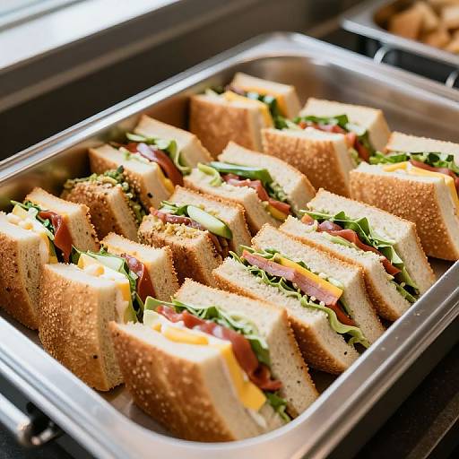 Photograph of neatly arranged, toasted, sesame-seed bread sandwiches filled with colorful vegetables, meats, and cheese in a silver tray.