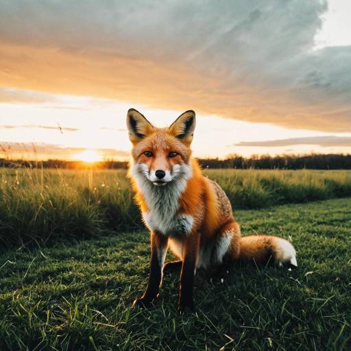Red Fox Sitting in Field at Sunset