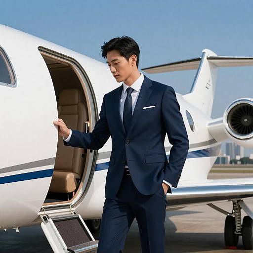 Businessman by Private Jet on Clear Day