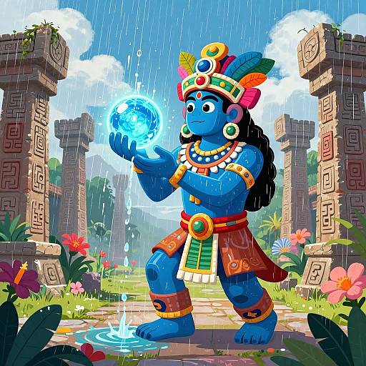 Digital illustration of a blue-skinned, Amazonian-style deity with colorful headdress and jewelry, conjuring a glowing orb in a rain-soaked,