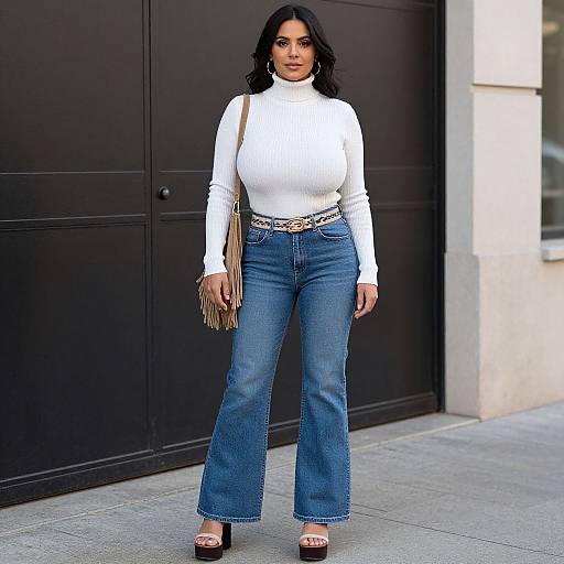 Photograph of a curvy woman with dark wavy hair, wearing a white turtleneck, high-waisted blue jeans, and open-to