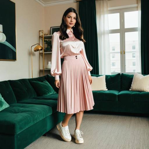 Woman in Pale Pink Silk Blouse and Pleated Skirt Indoors