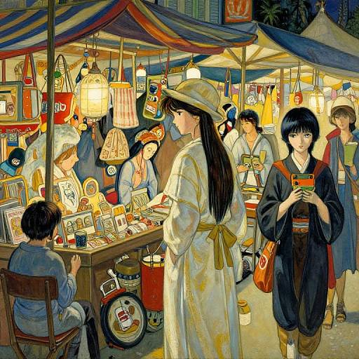 Vibrant anime-style illustration of a bustling night market, featuring kimonos, lanterns, and various goods, with people browsing and shopping.