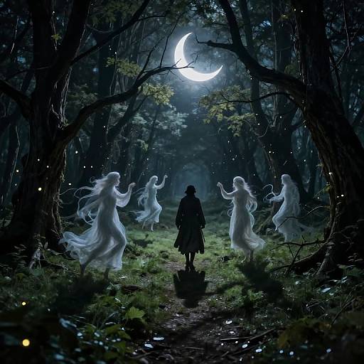 Digital artwork: Silhouetted figure in dark coat walks forest path at night, surrounded by ethereal white ghost-like figures, under a crescent