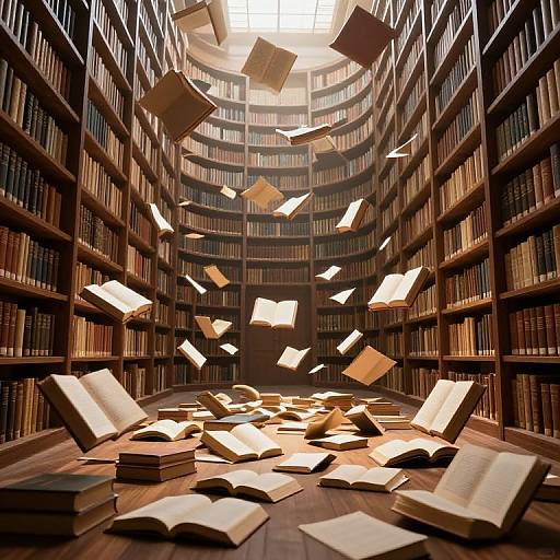 Photograph of a circular library with floating books, open pages suspended mid-air, and wooden shelves filled with books surrounding. Warm, lit atmosphere.
