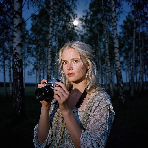 Photograph of a blonde woman with fair skin, wearing a lace top, holding a camera in a dark forest at night, moonlight illuminating her