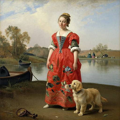 18th-century portrait of a fair-skinned woman in a red floral dress standing by a lakeside, with a golden retriever and rowboats in