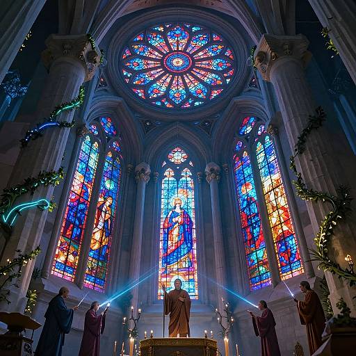 Photograph of a cathedral interior with vibrant, multi-colored stained glass windows, illuminated by blue laser beams, and candlelit altar.