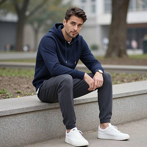 Photograph of a young man with short brown hair, wearing a navy hoodie, black pants, and white sneakers, sitting on a concrete bench in a