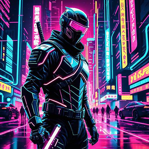Cybernetic Ninja in Neon Futuristic City