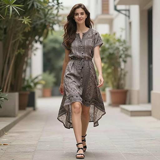 Young Woman in Patterned Dress Walking Outdoors