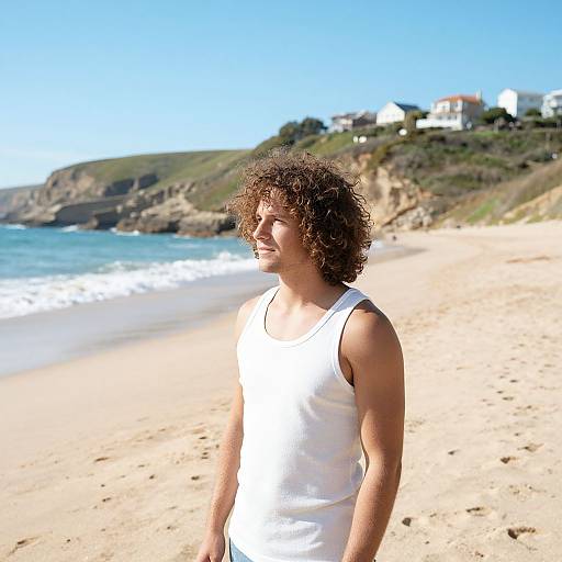 Photograph of a curly-haired young man in a white tank top standing on a sunny, sandy beach with blue ocean waves and distant cliffs and houses in
