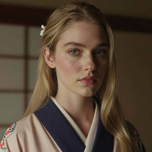 Photograph of a young woman with fair skin, long blonde hair, and blue eyes, wearing a traditional Japanese kimono, indoors.