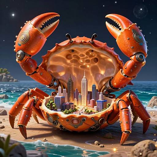 Digital artwork of a giant, robotic red crab with city skyline inside its shell, standing on a moonlit beach with ocean waves. Bright, vivid colors