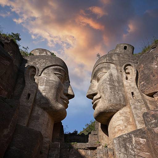 Photograph of two ancient stone heads, one on the left and one on the right, with serene expressions, under a colorful sunset sky, surrounded by