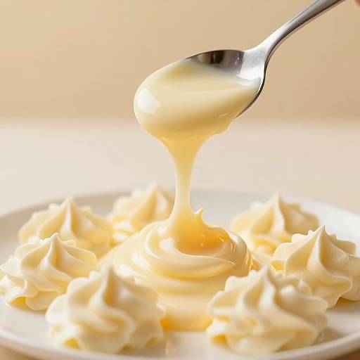 Photograph of a spoon dripping yellow honey onto whipped cream on a white plate, with soft, warm, blurred background.