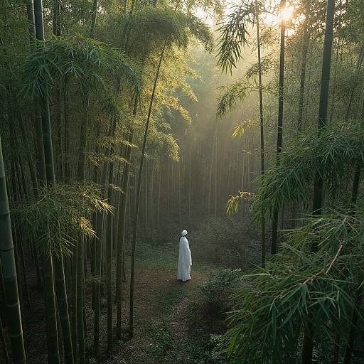 Photograph of a solitary figure in a white robe standing in a dense, sunlit bamboo forest, with light filtering through the tall, green leaves.