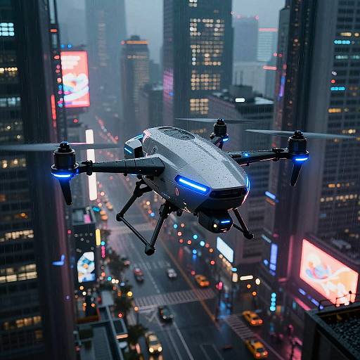 Futuristic City Scout Drone over Cyberpunk Skyline