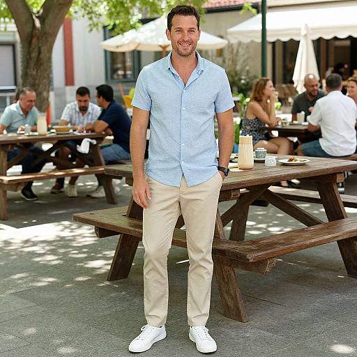 Photograph of a smiling, handsome man with short dark hair, light blue button-up shirt, beige pants, and white sneakers, standing outdoors at a