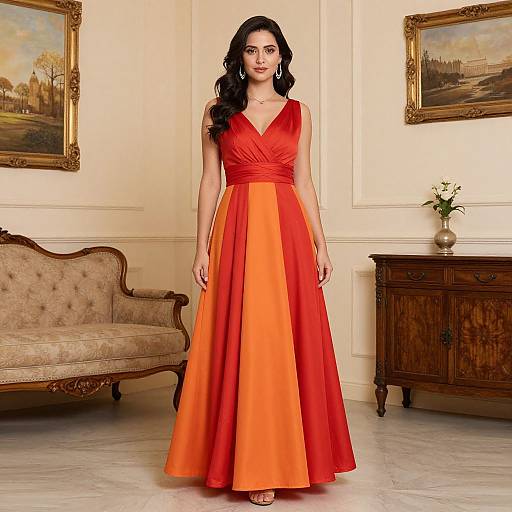 Photograph of a woman with long black hair in a sleeveless, vibrant red-orange gradient floor-length gown, standing in a classic, elegant room with